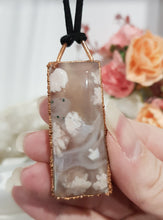 Load image into Gallery viewer, Flower Agate Crystal Electroformed pendant on adjustable leather cord 1
