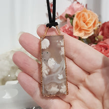 Load image into Gallery viewer, Flower Agate Crystal Electroformed pendant on adjustable leather cord 1