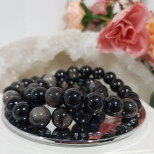 Load image into Gallery viewer, Silver Sheen Black Obsidian Crystal Bracelet 10mm gemstone beaded Bracelet 8 inch B100
