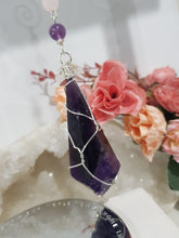 Load image into Gallery viewer, SCEPTOR OF INSIGHT - INTUITION / LOVE / TRUST Amethyst Sceptor Point Silver Wired Crystal Energy Enhancer© / Hanger / Ornament / Sun catcher EE115