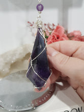 Load image into Gallery viewer, SCEPTOR OF INSIGHT - INTUITION / LOVE / TRUST Amethyst Sceptor Point Silver Wired Crystal Energy Enhancer© / Hanger / Ornament / Sun catcher EE115