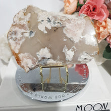 Load image into Gallery viewer, Flower Agate Crystal Slab on Gold Stand 100mm 1 Beautiful!