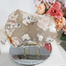 Load image into Gallery viewer, Flower Agate Crystal Slab on Gold Stand 100mm 1 Beautiful!