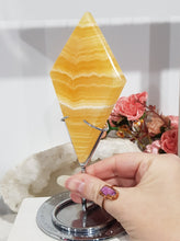 Load image into Gallery viewer, Diamond Orange Calcite Crystal Carving on Silver Stand Stone 180mm 1 LARGE & STUNNING!