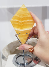 Load image into Gallery viewer, Diamond Orange Calcite Crystal Carving on Silver Stand Stone 180mm 1 LARGE & STUNNING!