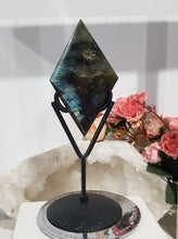 Load image into Gallery viewer, Diamond Labradorite Crystal Carving on Black Stand 180mm 1 LOTS OF FLASH