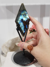Load image into Gallery viewer, Diamond Labradorite Crystal Carving on Black Stand 180mm 1 LOTS OF FLASH