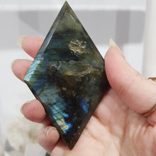 Load image into Gallery viewer, Diamond Labradorite Crystal Carving on Black Stand 180mm 1 LOTS OF FLASH