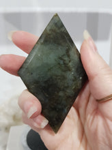 Load image into Gallery viewer, Diamond Labradorite Crystal Carving on Black Stand 180mm 1 LOTS OF FLASH