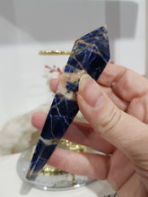 Load image into Gallery viewer, Sodalite Sceptor on Gold Stand Crystal Carving Stone 150mm 1
