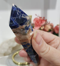 Load image into Gallery viewer, Sodalite Sceptor on Gold Stand Crystal Carving Stone 150mm 1