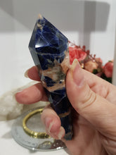 Load image into Gallery viewer, Sodalite Sceptor on Gold Stand Crystal Carving Stone 150mm 1