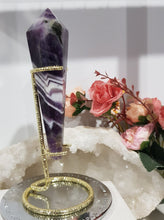 Load image into Gallery viewer, Amethyst Crystal Chevron Sceptor on Gold Stand Crystal Carving Stone 165mm 3 STUNNING