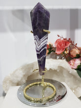 Load image into Gallery viewer, Amethyst Crystal Chevron Sceptor on Gold Stand Crystal Carving Stone 165mm 3 STUNNING