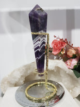 Load image into Gallery viewer, Amethyst Crystal Chevron Sceptor on Gold Stand Crystal Carving Stone 165mm 3 STUNNING