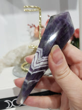 Load image into Gallery viewer, Amethyst Crystal Chevron Sceptor on Gold Stand Crystal Carving Stone 165mm 3 STUNNING