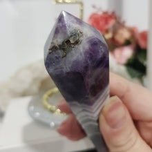 Load image into Gallery viewer, Amethyst Crystal Chevron Sceptor on Gold Stand Crystal Carving Stone 165mm 3 STUNNING