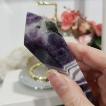 Load image into Gallery viewer, Amethyst Crystal Chevron Sceptor on Gold Stand Crystal Carving Stone 165mm 3 STUNNING