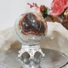 Load image into Gallery viewer, Mexican Agate Sphere Crystal Carving on Silver Stand Stone 45mm 1