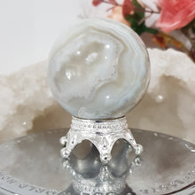 Load image into Gallery viewer, Mexican Agate Sphere Crystal Carving on Silver Stand Stone 45mm 1