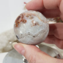 Load image into Gallery viewer, Mexican Agate Sphere Crystal Carving on Silver Stand Stone 45mm 1