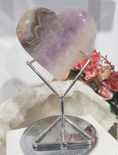 Load image into Gallery viewer, Amethyst Agate Heart Crystal Carving on Silver Stand stone 145mm 4 Gorgeous Banding!