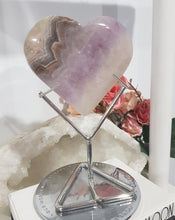 Load image into Gallery viewer, Amethyst Agate Heart Crystal Carving on Silver Stand stone 145mm 4 Gorgeous Banding!