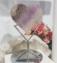 Load image into Gallery viewer, Amethyst Agate Heart Crystal Carving on Silver Stand stone 145mm 4 Gorgeous Banding!