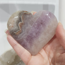 Load image into Gallery viewer, Amethyst Agate Heart Crystal Carving on Silver Stand stone 145mm 4 Gorgeous Banding!