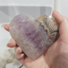 Load image into Gallery viewer, Amethyst Agate Heart Crystal Carving on Silver Stand stone 145mm 4 Gorgeous Banding!