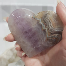 Load image into Gallery viewer, Amethyst Agate Heart Crystal Carving on Silver Stand stone 145mm 4 Gorgeous Banding!