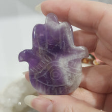 Load image into Gallery viewer, Hamsa Hand Amethyst Crystal Carving on stand 55mm 1