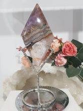 Load image into Gallery viewer, Amethyst Agate Diamond Crystal Carving on Silver Stand stone 160mm 4 GORGEOUS BANDING!