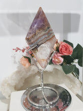 Load image into Gallery viewer, Amethyst Agate Diamond Crystal Carving on Silver Stand stone 160mm 4 GORGEOUS BANDING!