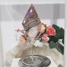 Load image into Gallery viewer, Amethyst Agate Diamond Crystal Carving on Silver Stand stone 160mm 4 GORGEOUS BANDING!