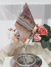 Load image into Gallery viewer, Amethyst Agate Diamond Crystal Carving on Silver Stand stone 160mm 4 GORGEOUS BANDING!