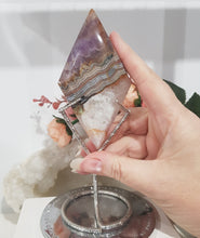 Load image into Gallery viewer, Amethyst Agate Diamond Crystal Carving on Silver Stand stone 160mm 4 GORGEOUS BANDING!