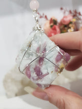 Load image into Gallery viewer, LOVE WITHIN - SELF LOVE | COMPASSION - Pink Tourmaline Crystal Rough Silver Wired Crystal Energy Enhancer© / Hanger / Sun Catcher / Ornament 200mm