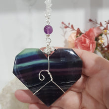 Load image into Gallery viewer, THE HEART OF CLARITY - INSIGHT / LOVE / CLARITY - Fluorite Heart Silver Wired Stone Crystal Energy Enhancer© / Hanger / Ornament / Sun catcher 200mm EE63