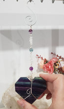 Load image into Gallery viewer, THE HEART OF CLARITY - INSIGHT / LOVE / CLARITY - Fluorite Heart Silver Wired Stone Crystal Energy Enhancer© / Hanger / Ornament / Sun catcher 200mm EE63