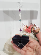 Load image into Gallery viewer, THE HEART OF CLARITY - INSIGHT / LOVE / CLARITY - Fluorite Heart Silver Wired Stone Crystal Energy Enhancer© / Hanger / Ornament / Sun catcher 200mm EE63