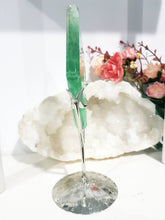 Load image into Gallery viewer, Green Fluorite Diamond Crystal Carving on Silver Stand 190mm 1