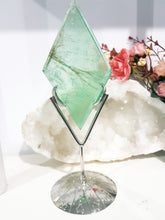 Load image into Gallery viewer, Green Fluorite Diamond Crystal Carving on Silver Stand 190mm 1