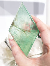Load image into Gallery viewer, Green Fluorite Diamond Crystal Carving on Silver Stand 190mm 1