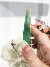 Load image into Gallery viewer, Green Fluorite Diamond Crystal Carving on Silver Stand 190mm 1