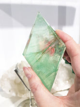 Load image into Gallery viewer, Green Fluorite Diamond Crystal Carving on Silver Stand 190mm 1