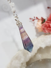 Load image into Gallery viewer, SCEPTOR OF CLARITY - CLARITY | AWARENESS | SPIRITUALITY - Fluorite Sceptor Silver Wired Crystal Energy Enhancer© / Hanger / Ornament / Sun Catcher 170mm