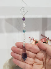 Load image into Gallery viewer, SCEPTOR OF CLARITY - CLARITY | AWARENESS | SPIRITUALITY - Fluorite Sceptor Silver Wired Crystal Energy Enhancer© / Hanger / Ornament / Sun Catcher 170mm