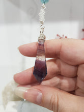Load image into Gallery viewer, SCEPTOR OF CLARITY - CLARITY | AWARENESS | SPIRITUALITY - Fluorite Sceptor Silver Wired Crystal Energy Enhancer© / Hanger / Ornament / Sun Catcher 170mm