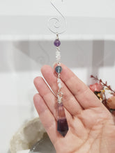 Load image into Gallery viewer, SCEPTOR OF CLARITY - CLARITY | AWARENESS | SPIRITUALITY - Fluorite Sceptor Silver Wired Crystal Energy Enhancer© / Hanger / Ornament / Sun Catcher 170mm